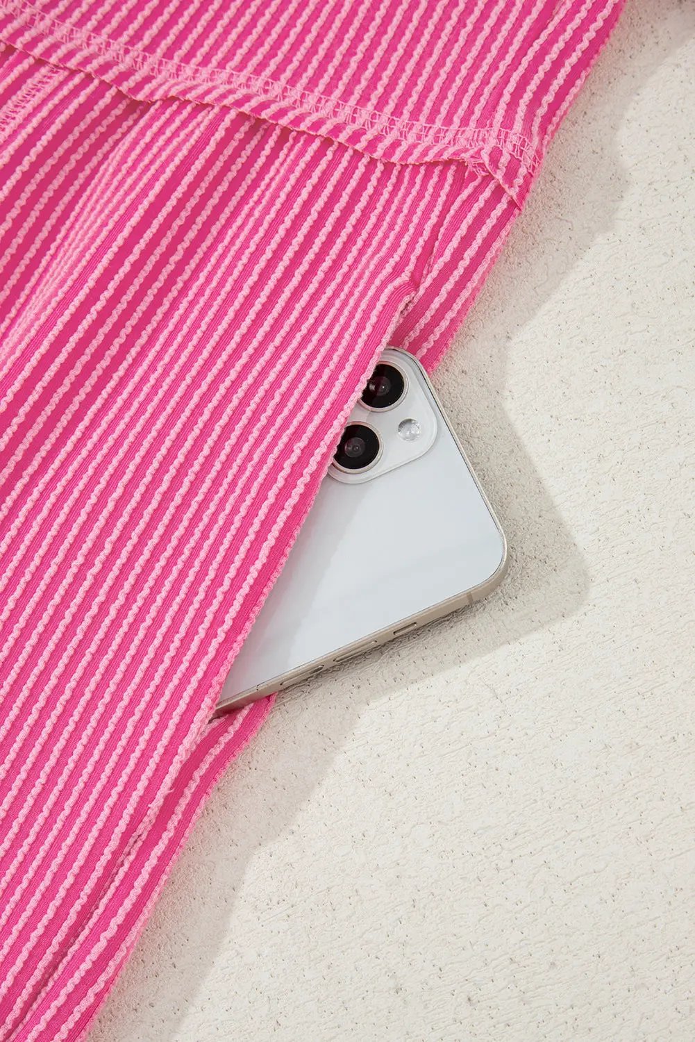 Bright Pink Spiral Ribbed Short Sleeve V Neck Buttoned Romper with Pocket Love Salve